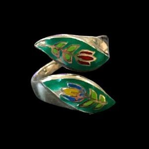 VINTAGE Sterling Silver Floral Inlay Bypass Ring Sz 6